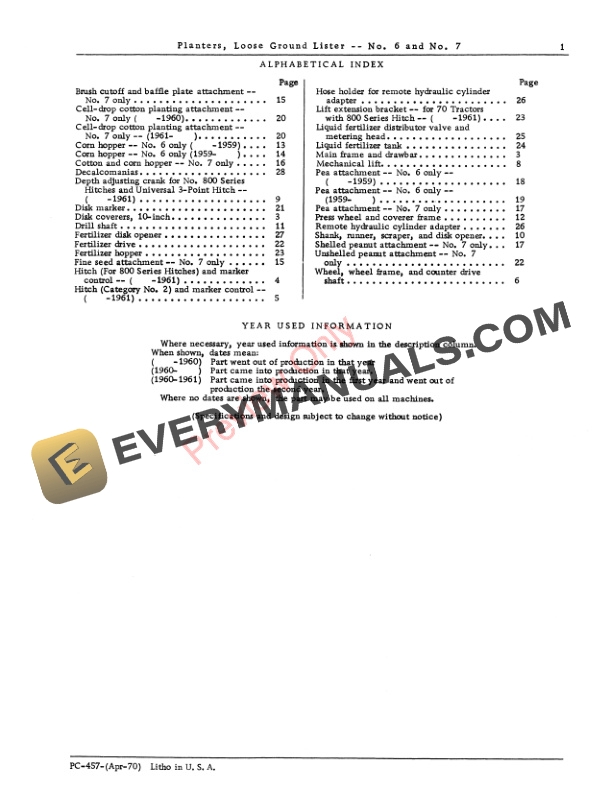John Deere Nos. 6, 7 Loose Ground Lister Planters Parts Catalog PC457 01APR70-3