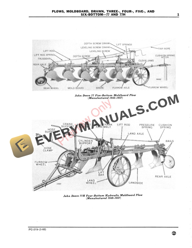 John Deere Nos. 77, 77H Drawn Moldboard Plows – 3, 4, 5, 6-Bottom Parts Catalog PC219 01MAR60-3