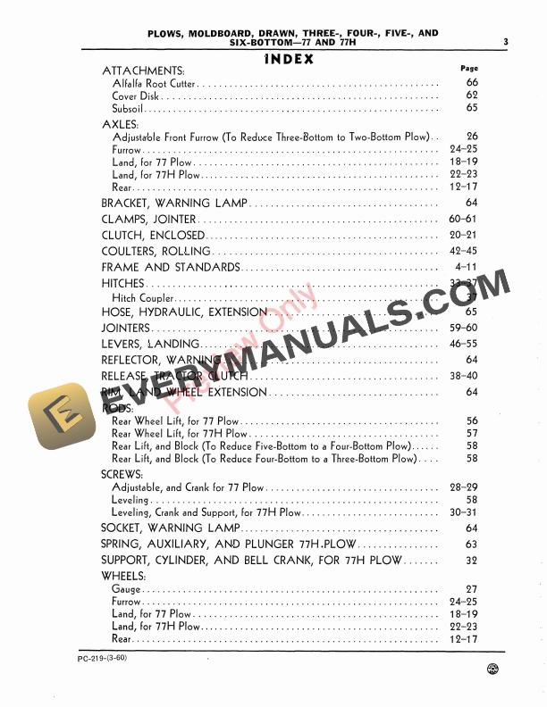 John Deere Nos. 77, 77H Drawn Moldboard Plows – 3, 4, 5, 6-Bottom Parts Catalog PC219 01MAR60-5