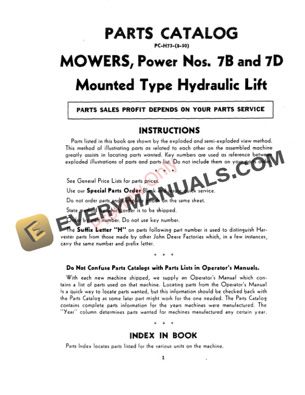 John Deere Nos. 7B, 7D Hydraulic Lift Mounted Type Power Mowers Parts Catalog PCH73 01AUG50-3