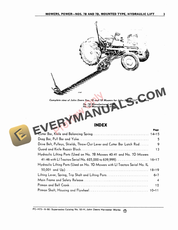 John Deere Nos. 7B, 7D Hydraulic Lift Mounted Type Power Mowers Parts Catalog PCH73 01AUG50-5