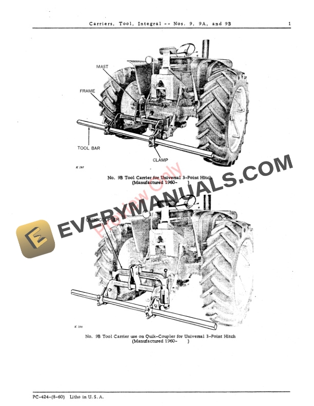 John Deere Nos. 9, 9A, 9B Integral Tool Carriers Parts Catalog PC424 01AUG60-3