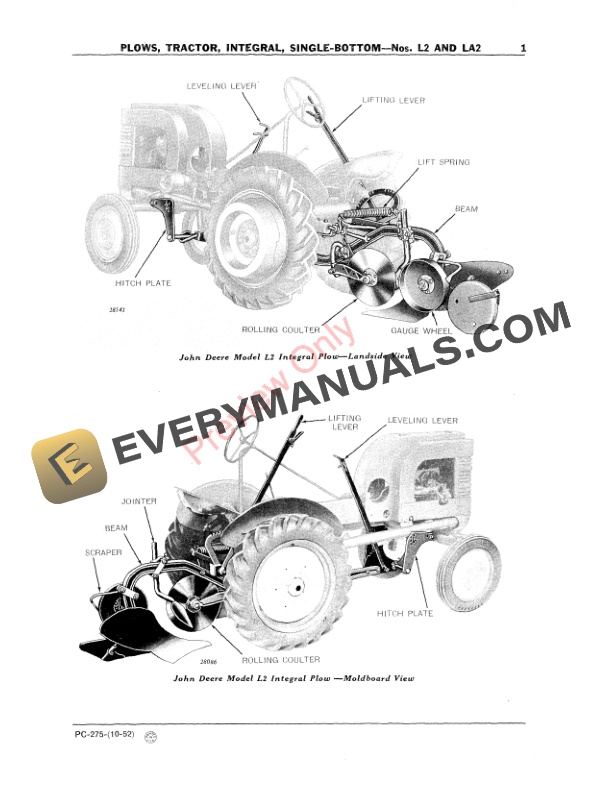 John Deere Nos. L2, LA2 Integral Single-Bottom Tractor Plows Parts Catalog PC275 01OCT52 4 John Deere Nos. L2, LA2 Integral Single-Bottom Tractor Plows Parts Catalog PC275 01OCT52-3