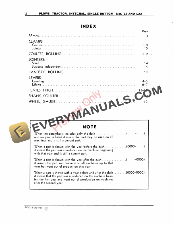 John Deere Nos. L2, LA2 Integral Single-Bottom Tractor Plows Parts Catalog PC275 01OCT52 5 John Deere Nos. L2, LA2 Integral Single-Bottom Tractor Plows Parts Catalog PC275 01OCT52-4