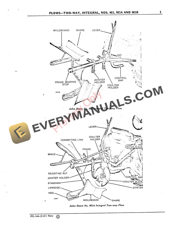 John Deere Nos. M3, M3A, M3B Two-Way Integral Plows Parts Catalog PC144 01FEB51-3