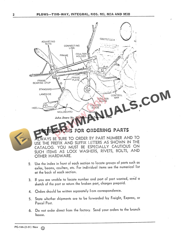 John Deere Nos. M3, M3A, M3B Two-Way Integral Plows Parts Catalog PC144 01FEB51-4