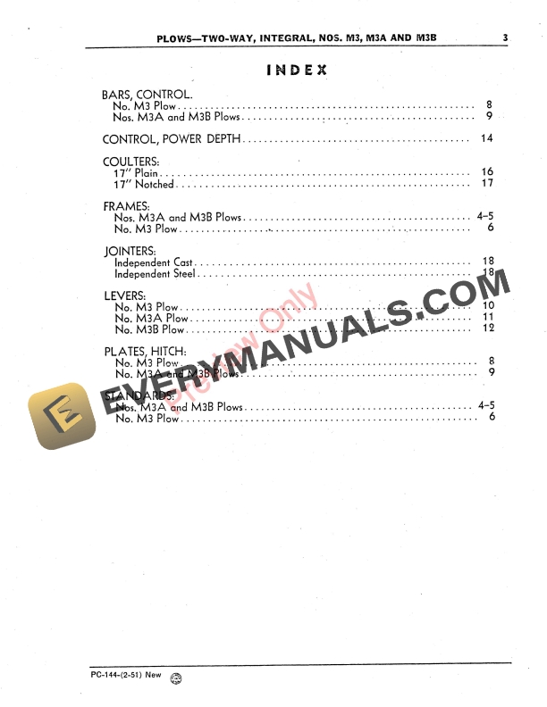 John Deere Nos. M3, M3A, M3B Two-Way Integral Plows Parts Catalog PC144 01FEB51-5