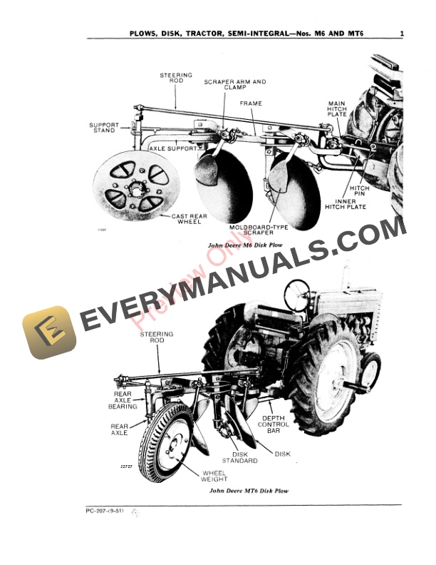 John Deere Nos. M6, MT6 Semi-Integral Tractor Disk Plow Parts Catalog PC207 01SEP51-3
