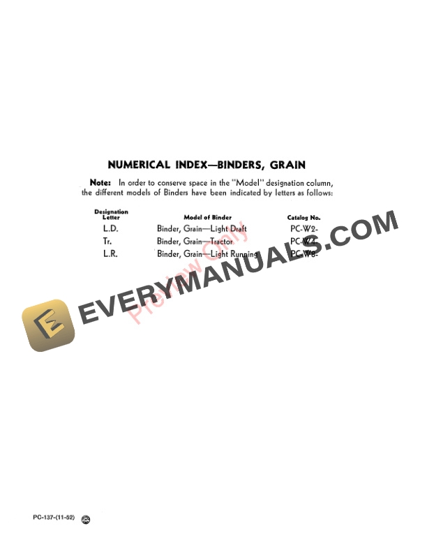 John Deere Numerical Index Grain Binder Parts Catalog PC137 01NOV52-3