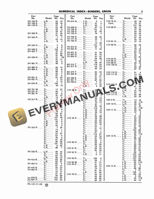 John Deere Numerical Index Grain Binder Parts Catalog PC137 01NOV52-5