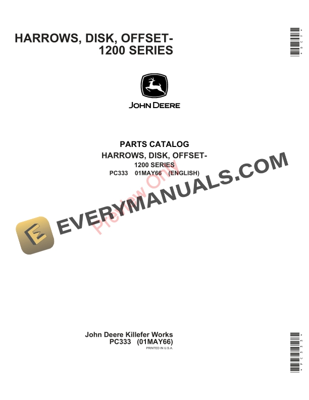 John Deere Offset Disk Harrows – 1200 Series Parts Catalog PC333 01MAY66-1