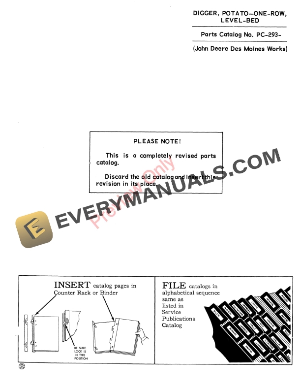 John Deere One-Row Level Bed Potato Digger Parts Catalog PC293 01DEC63-1
