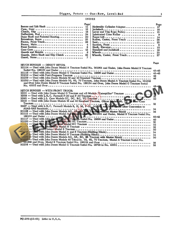 John Deere One-Row Level Bed Potato Digger Parts Catalog PC293 01DEC63-3