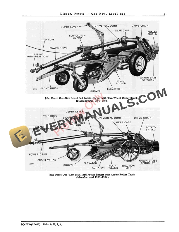 John Deere One-Row Level Bed Potato Digger Parts Catalog PC293 01DEC63-5
