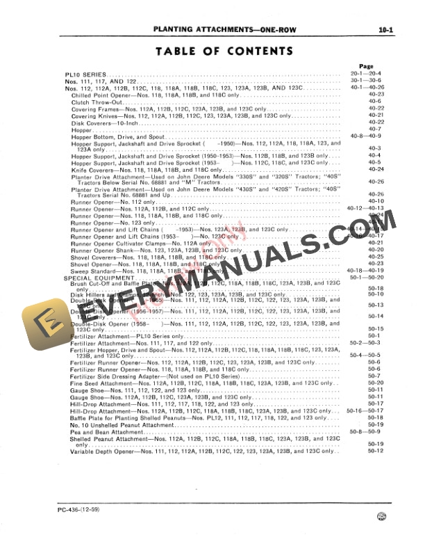 John Deere One-Row Planting Attachments Parts Catalog PC436 01DEC59-3