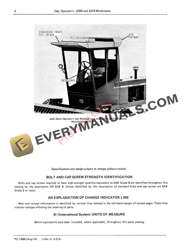 John Deere Operator’s Cab for 2250 and 2270 Windrowers Parts Catalog PC1368 01AUG74-4