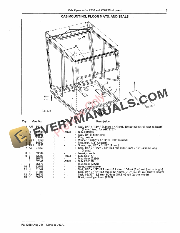 John Deere Operator’s Cab for 2250 and 2270 Windrowers Parts Catalog PC1368 01AUG74-5