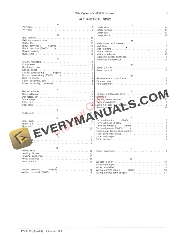 John Deere Operators Cab for 880 Windrower Parts Catalog PC1123 01APR70 3