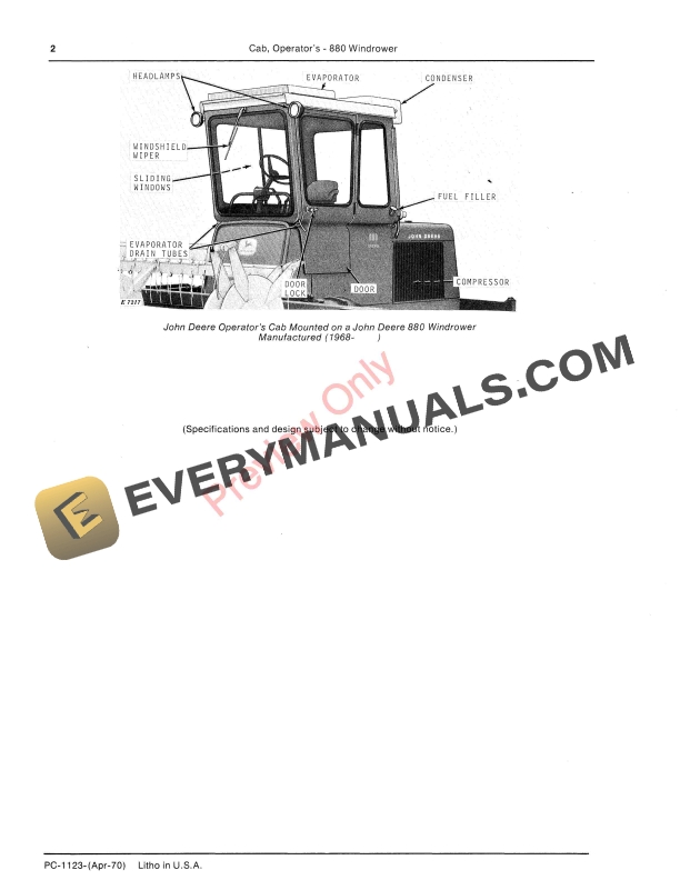 John Deere Operators Cab for 880 Windrower Parts Catalog PC1123 01APR70 4