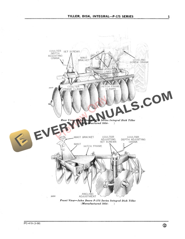 John Deere P-175 Series Integral Disk Tiller Parts Catalog PC419 01MAR58-3