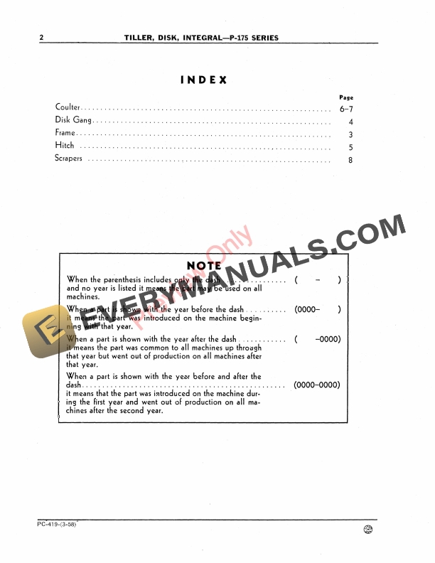 John Deere P-175 Series Integral Disk Tiller Parts Catalog PC419 01MAR58-4