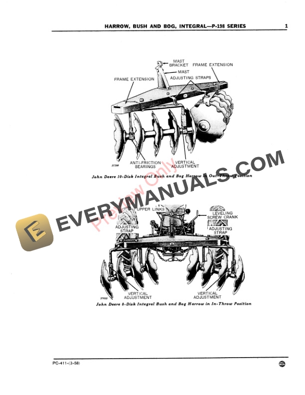 John Deere P-198 Integral Bush and Bog Harrow Parts Catalog PC411 01MAR58-3