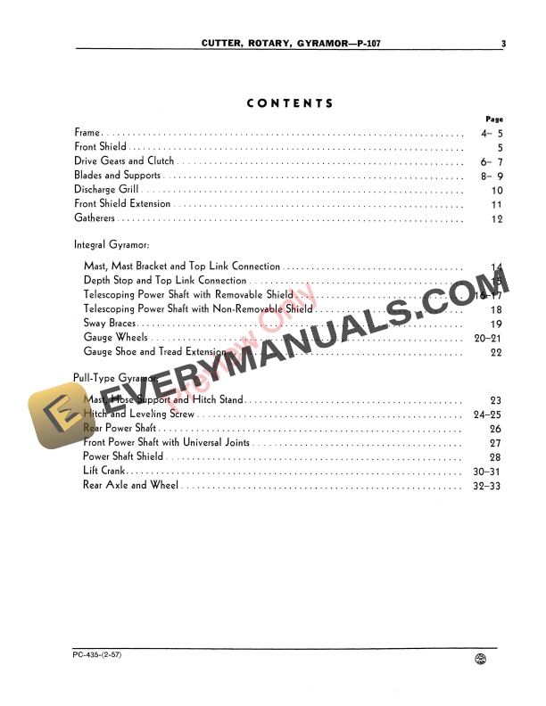 John Deere P107 Rotary Gyramor Cutter Parts Catalog PC435 01FEB57-5