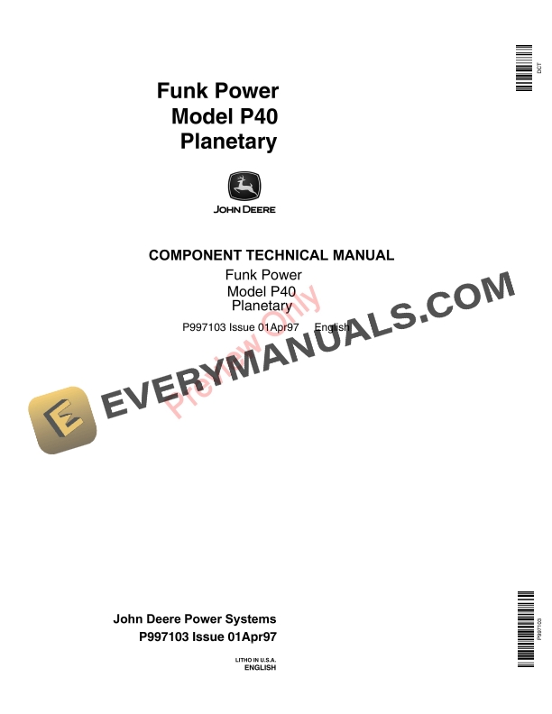 John Deere P40 Planetary Transmission Component Technical Manual P997103 01APR97 PDF