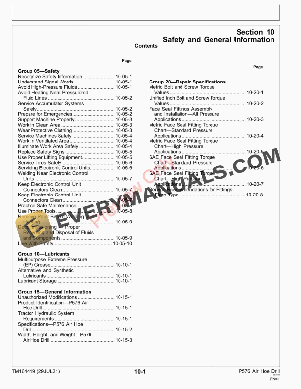 John Deere P576 Air Hoe Drill Repair Technical Manual TM164419 29JUL21 5