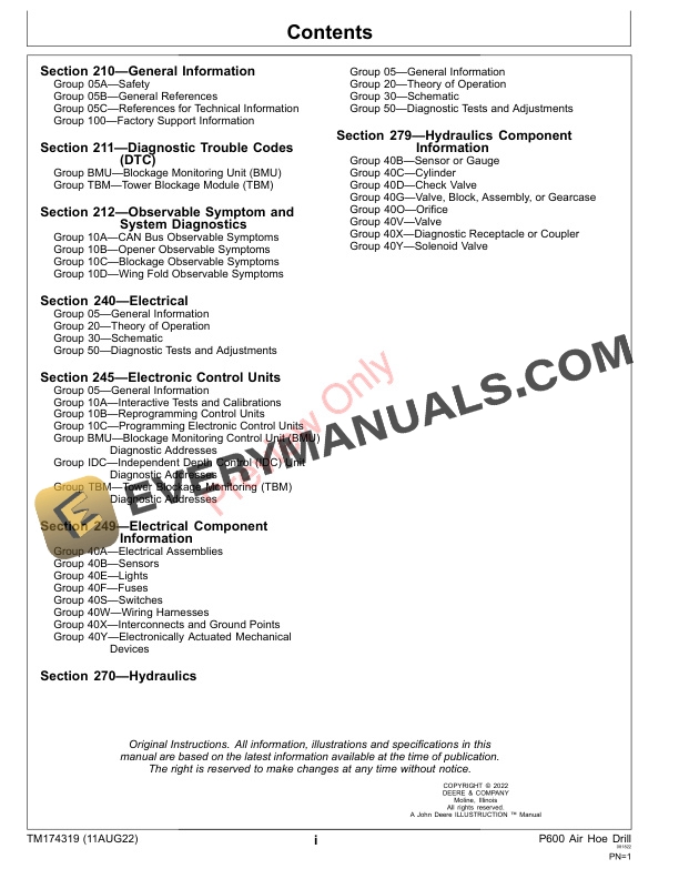 John Deere P600 Series Precision Air Hoe Drill Diagnostic Technical Manual TM174319 11AUG22 3
