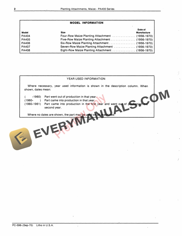 John Deere PA400 Series Maize Planting Attachments Parts Catalog PC596 01SEP70-4
