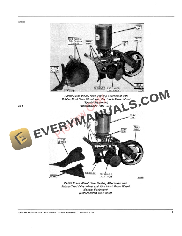 John Deere PA800 Series Planting Attachments Parts Catalog PC950 05MAY80-3