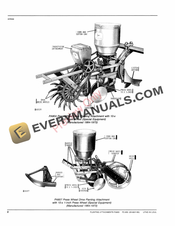 John Deere PA800 Series Planting Attachments Parts Catalog PC950 05MAY80-4