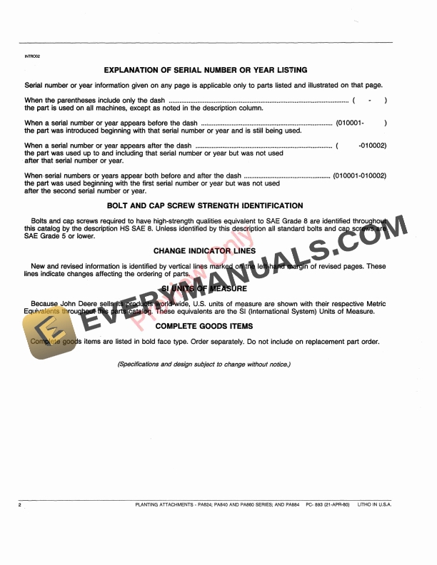 John Deere PA824, PA840, PA860 Series, PA884 Planting Attachments Parts Catalog PC893 21APR80-4