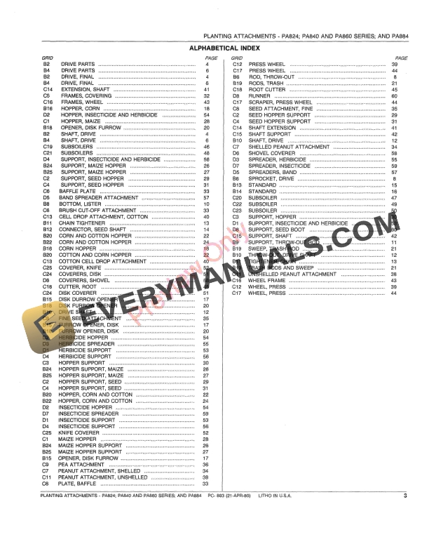 John Deere PA824, PA840, PA860 Series, PA884 Planting Attachments Parts Catalog PC893 21APR80-5