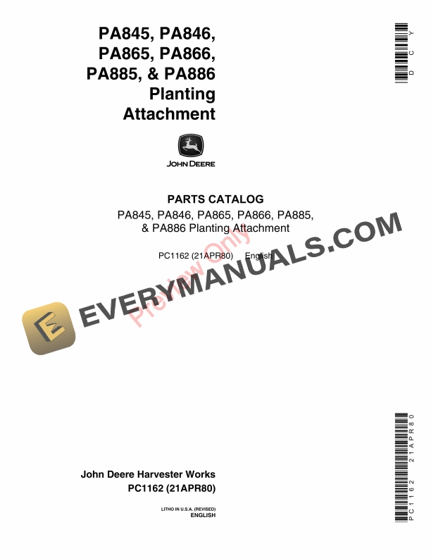 John Deere PA845, PA846, PA865, PA866, PA885, PA886 Planting Attachment Parts Catalog PC1162 21APR80-1