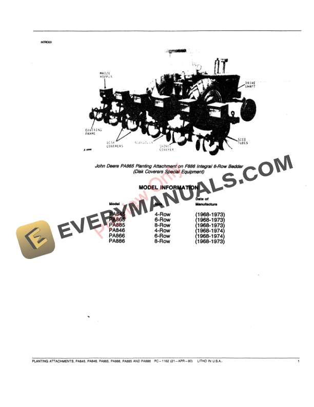 John Deere PA845 PA846 PA865 PA866 PA885 PA886 Planting Attachment Parts Catalog PC1162 21APR80 3