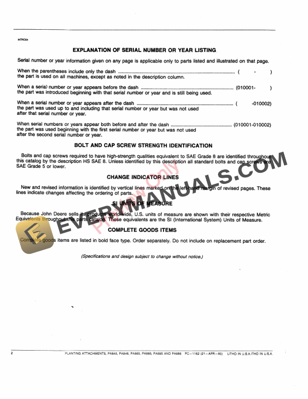 John Deere PA845 PA846 PA865 PA866 PA885 PA886 Planting Attachment Parts Catalog PC1162 21APR80 4