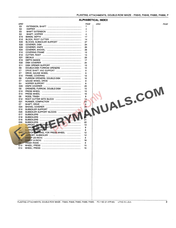 John Deere PA845 PA846 PA865 PA866 PA885 PA886 Planting Attachment Parts Catalog PC1162 21APR80 5