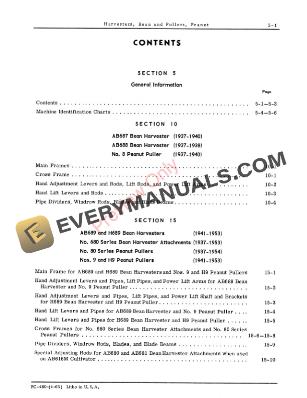 John Deere PART CAT,BEAN HARVESTERBEET PULLER Parts Catalog PC480 01APR65-3