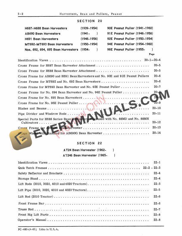 John Deere PART CAT,BEAN HARVESTERBEET PULLER Parts Catalog PC480 01APR65-4