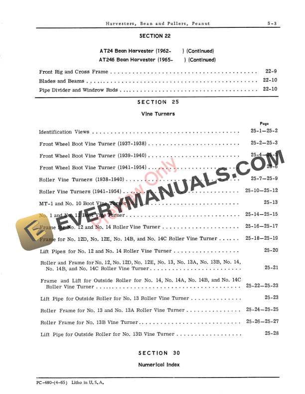 John Deere PART CAT,BEAN HARVESTERBEET PULLER Parts Catalog PC480 01APR65-5