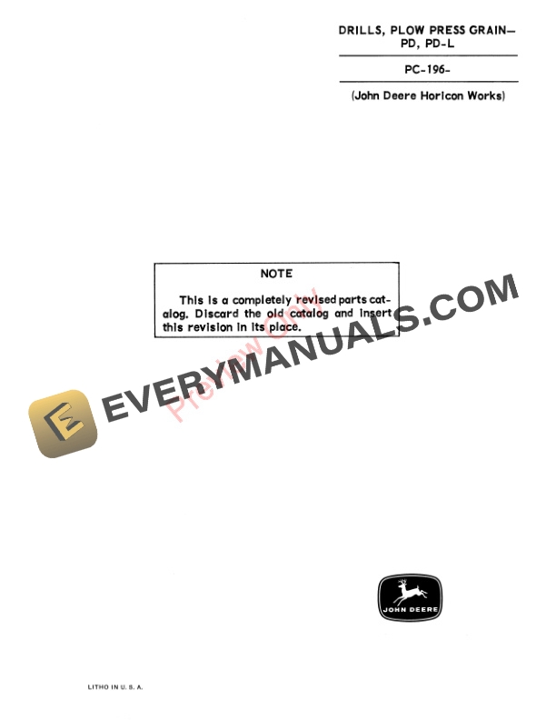 John Deere PD, PD-L Plow Press Grain Drills Parts Catalog PC196 01MAR67-3