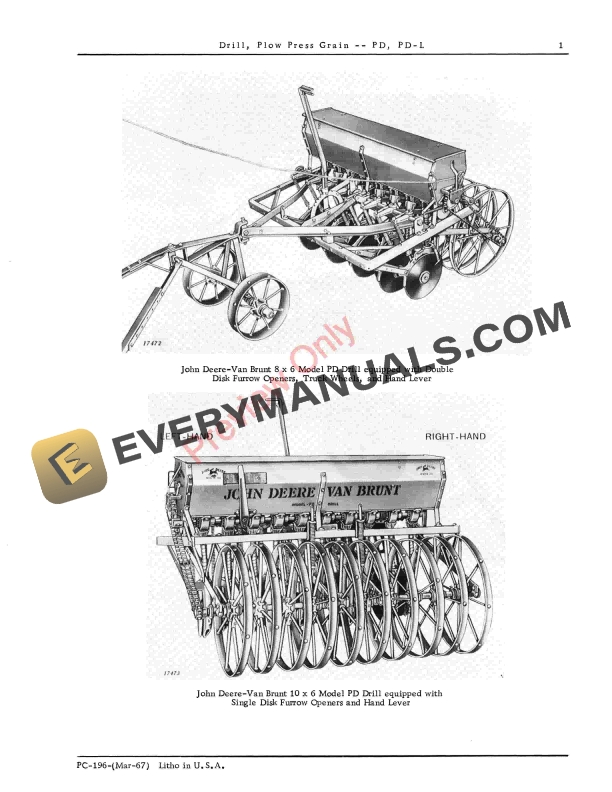 John Deere PD, PD-L Plow Press Grain Drills Parts Catalog PC196 01MAR67-5