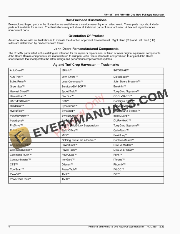 John Deere PH1101T and?PH1101B One Row Pull-type Harvester Parts Catalog PC12330 31MAR21 5 John Deere PH1101T and PH1101B One Row Pull-type Harvester Parts Catalog PC12330 31MAR21-4