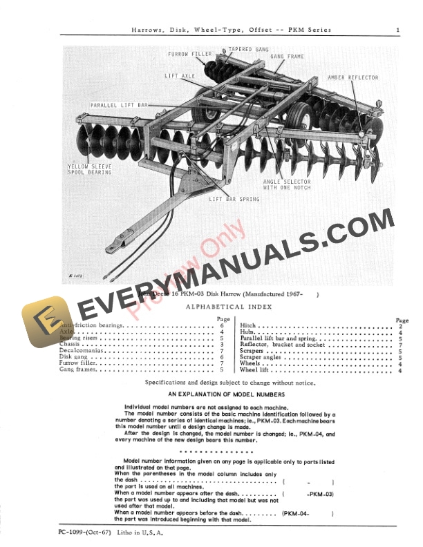 John Deere PKM Series Wheel Type Offset Disk Harrow Parts Catalog PC1099 01OCT67 3
