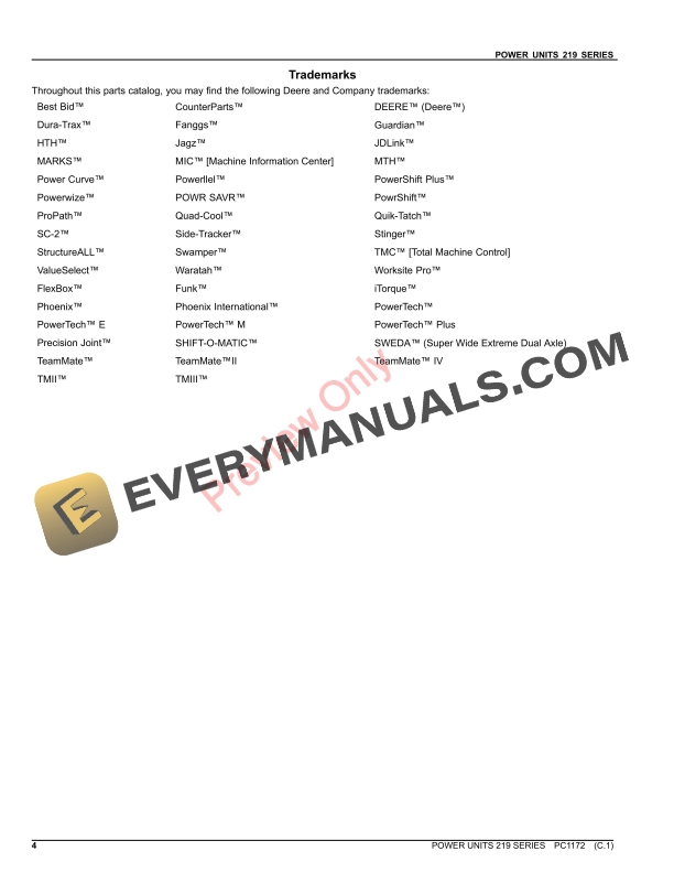 John Deere POWER UNITS 219 SERIES Parts Catalog PC1172 26AUG23 4