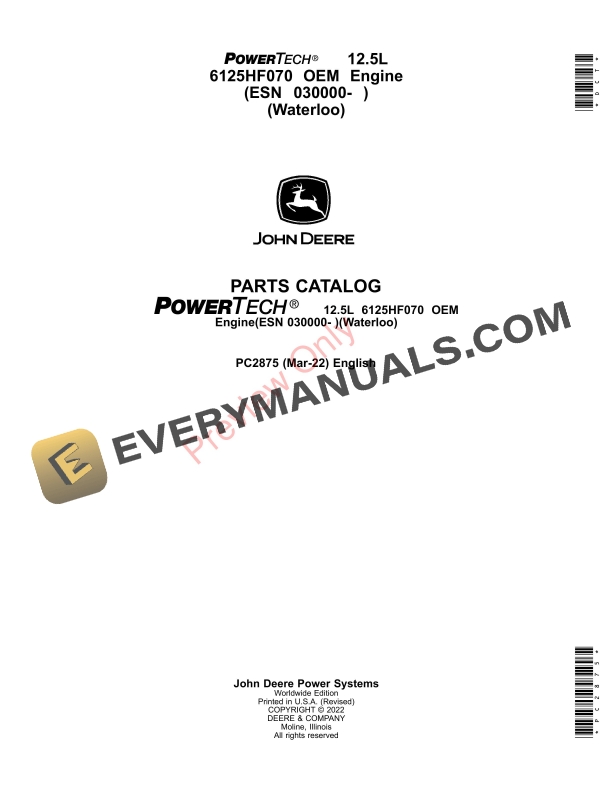 John Deere POWERTECH 12.5L 6125HF070 OEM ENGINE (ESN 030000 Parts Catalog PC2875 31MAR22-1