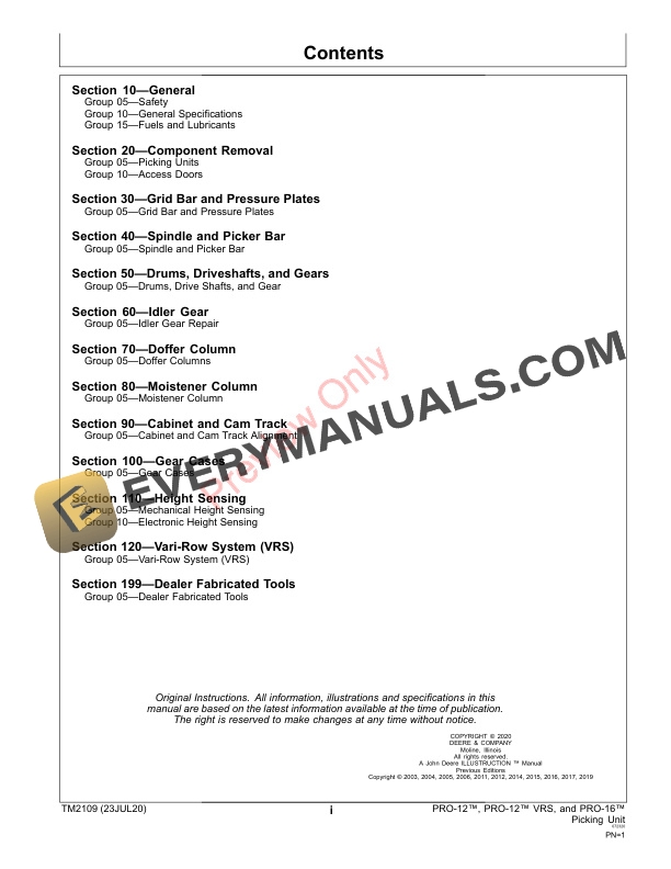 John Deere PRO 12 PRO 12 VRS and PRO 16 Picking Unit Repair Technical Manual TM2109 19JUL20 3