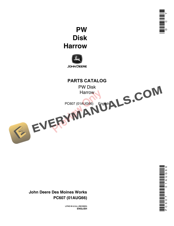 John Deere PW Disk Harrow Parts Catalog PC607 01AUG66-1